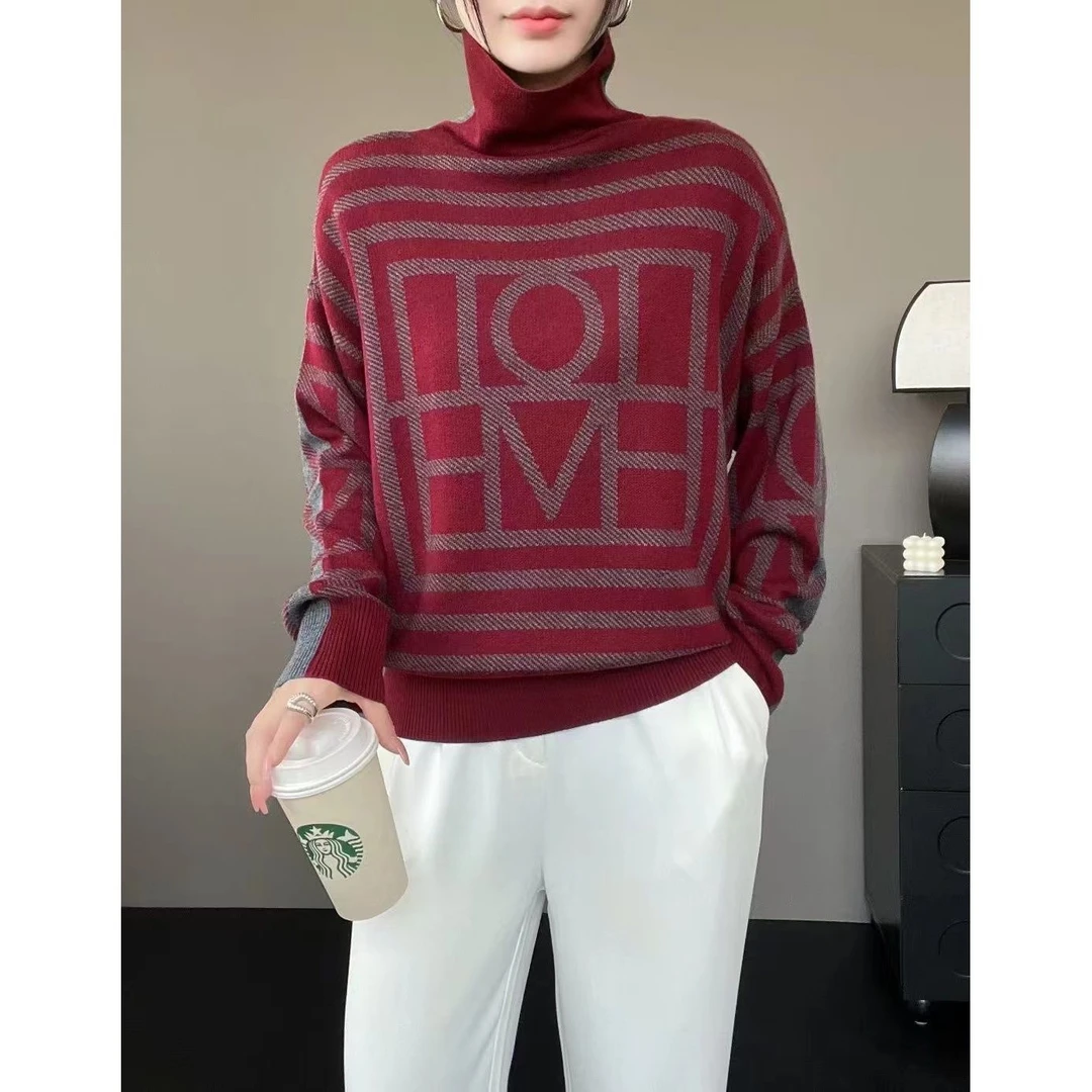 【双面双穿】减龄字母撞色上衣女秋冬显瘦条纹高领套头针织衫1686