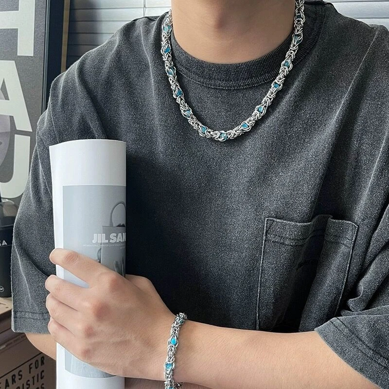 钛钢项链 欧美潮牌蓝色宝石镶嵌钛钢项链男嘻哈粗链条锁骨链小众