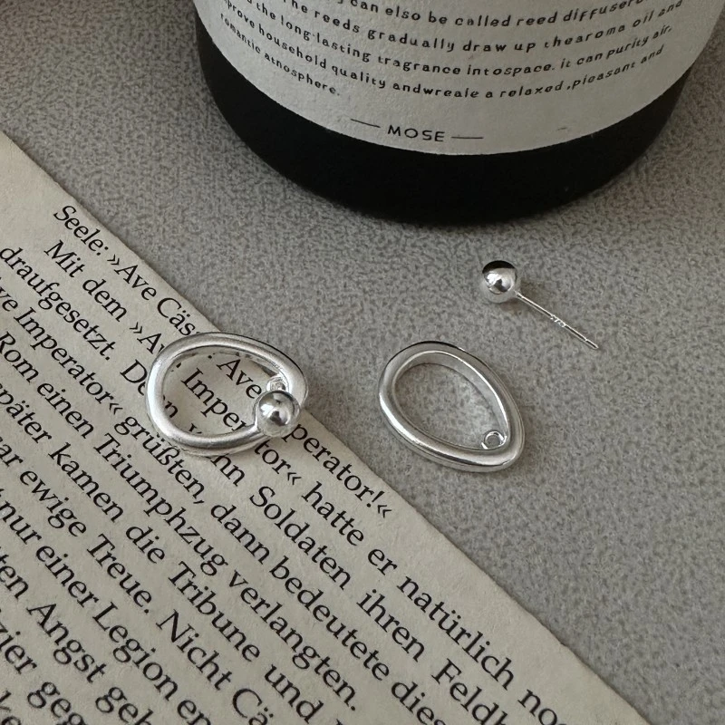 925银耳饰 韩版小众设计感分体式圆珠椭圆耳环个性复古