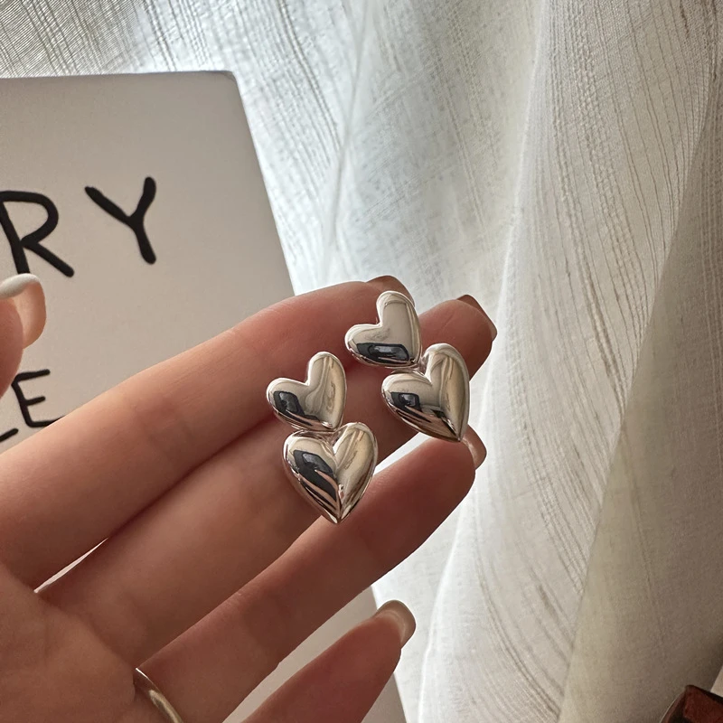 925银耳饰 韩版重工心形耳环韩国风时尚简约质感爱心