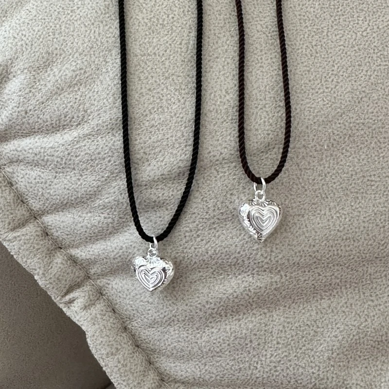 吊坠925银布艺 小众设计感空心纹理爱心项链韩式风简约锁骨链时尚