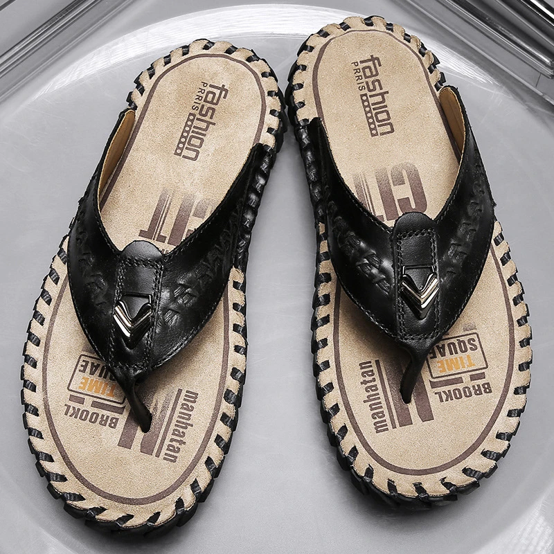 冠欧奥斯夏季头层牛皮男士人字拖室外沙滩凉鞋休闲男款软底外穿