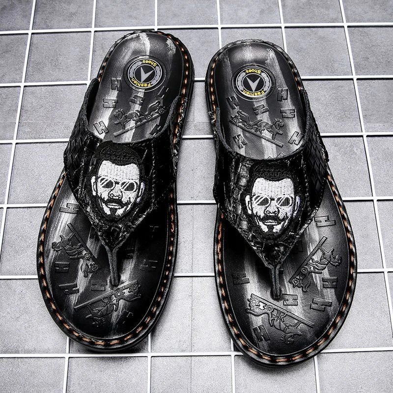 夏季潮牌拖鞋男外穿潮流韩版个性百搭男士真皮人字拖室外夹板凉拖