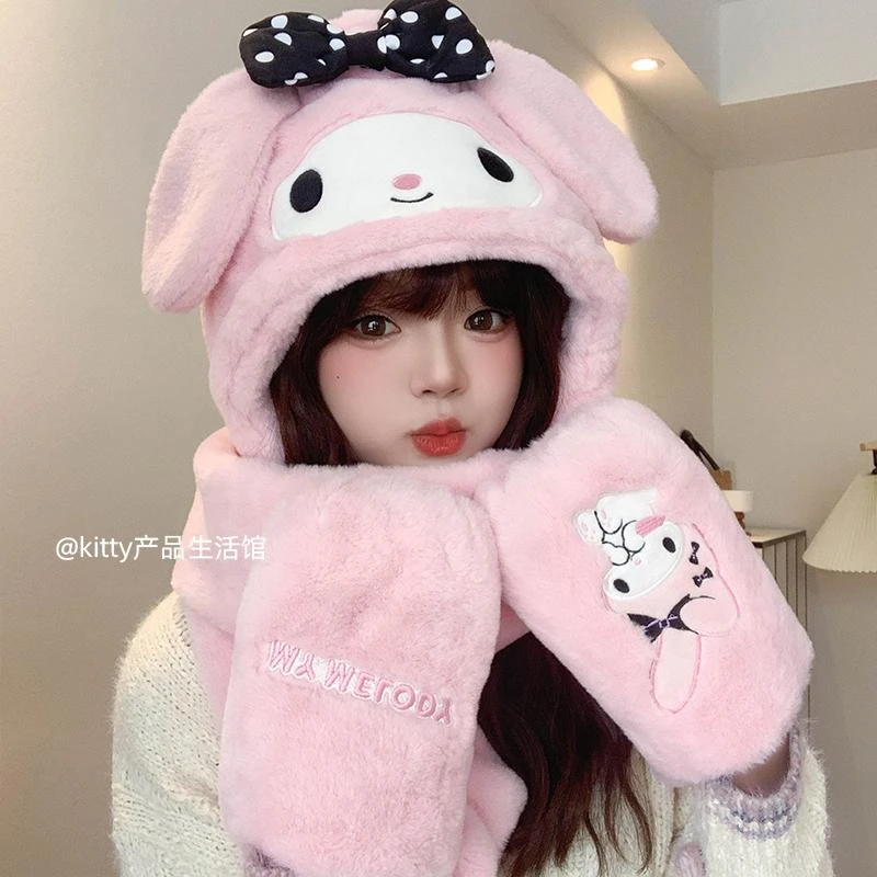 三丽鸥正版卡通少女心防寒保暖JK三件套可爱围巾手套一体式萌搭配