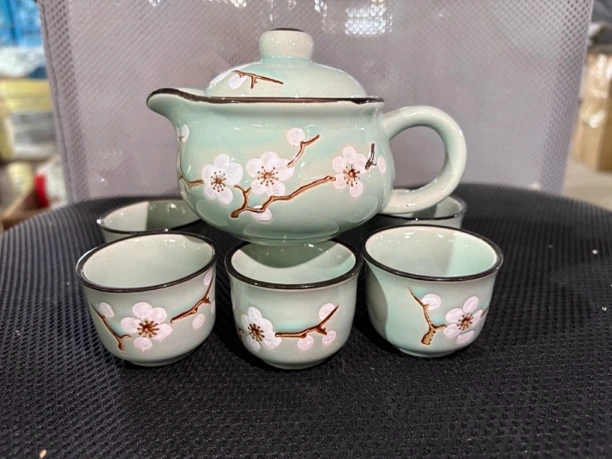 景德镇高温陶瓷老陶泥水点梅花一壶六杯