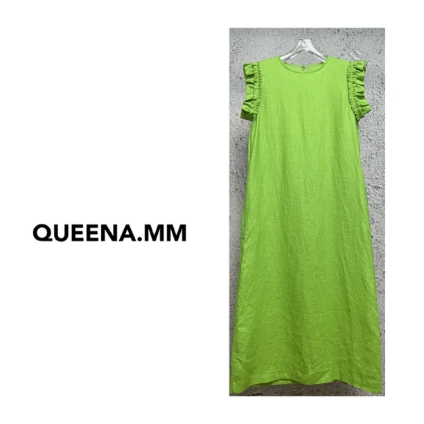 100全亚麻双侧口袋木耳边后开叉高定长款连衣裙