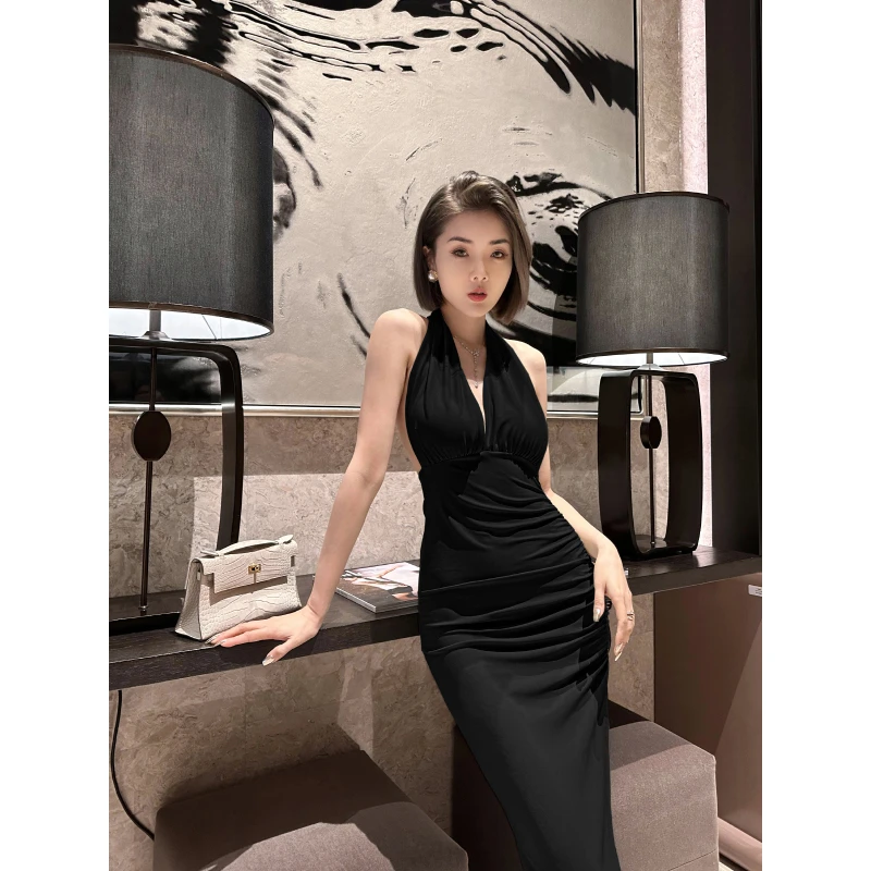 XULU原创夏季高定纯色水晶麻纱简约气质显瘦高腰挂脖式无袖连衣裙