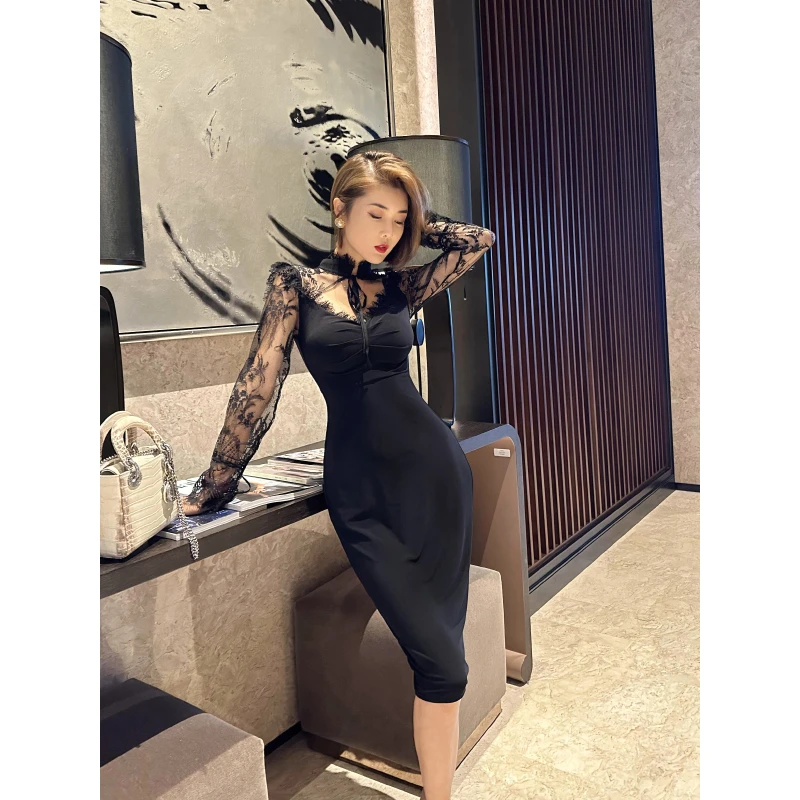 XULU原创高定水晶麻纱拼蕾丝时尚气质修身显瘦高腰长袖包臀连衣裙