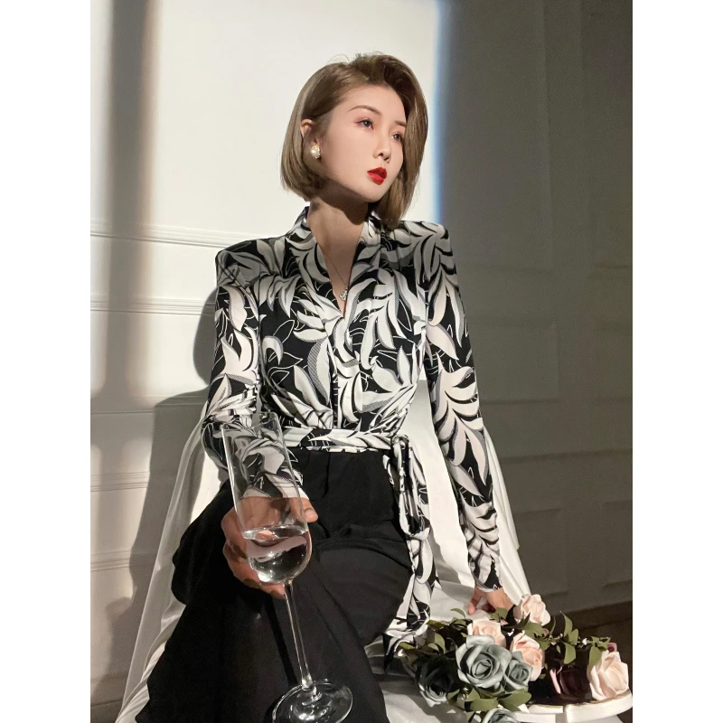XULU原创时尚百搭花色印花上衣气质修身宽松阔腿裤优雅时尚套装