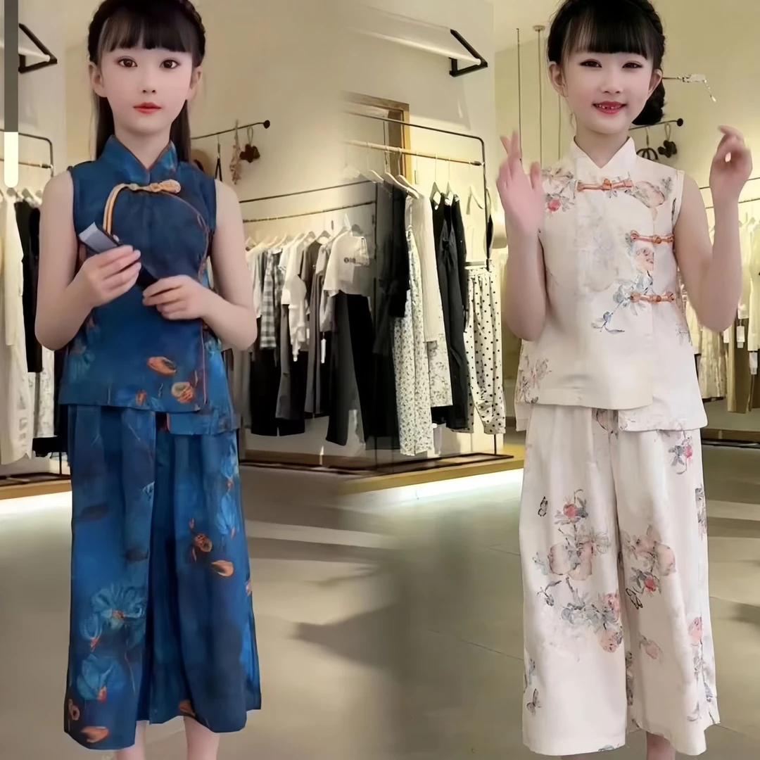 【国风定制】女童连衣裙2024套装夏季儿童新中式古风旗袍裙两件套