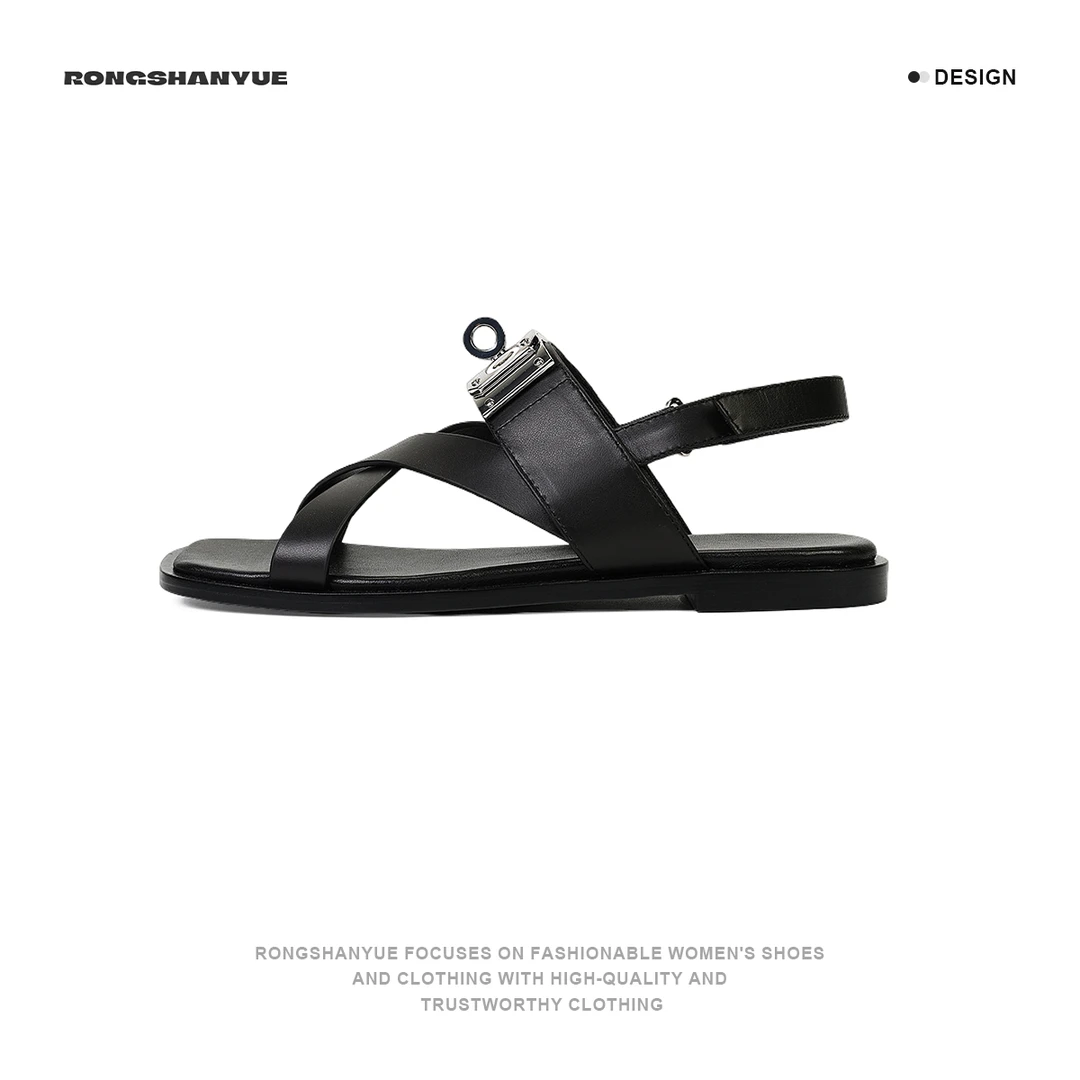 Rongshanyue英伦风真皮凉鞋时尚金属扣露趾夏季平底凉鞋女B839