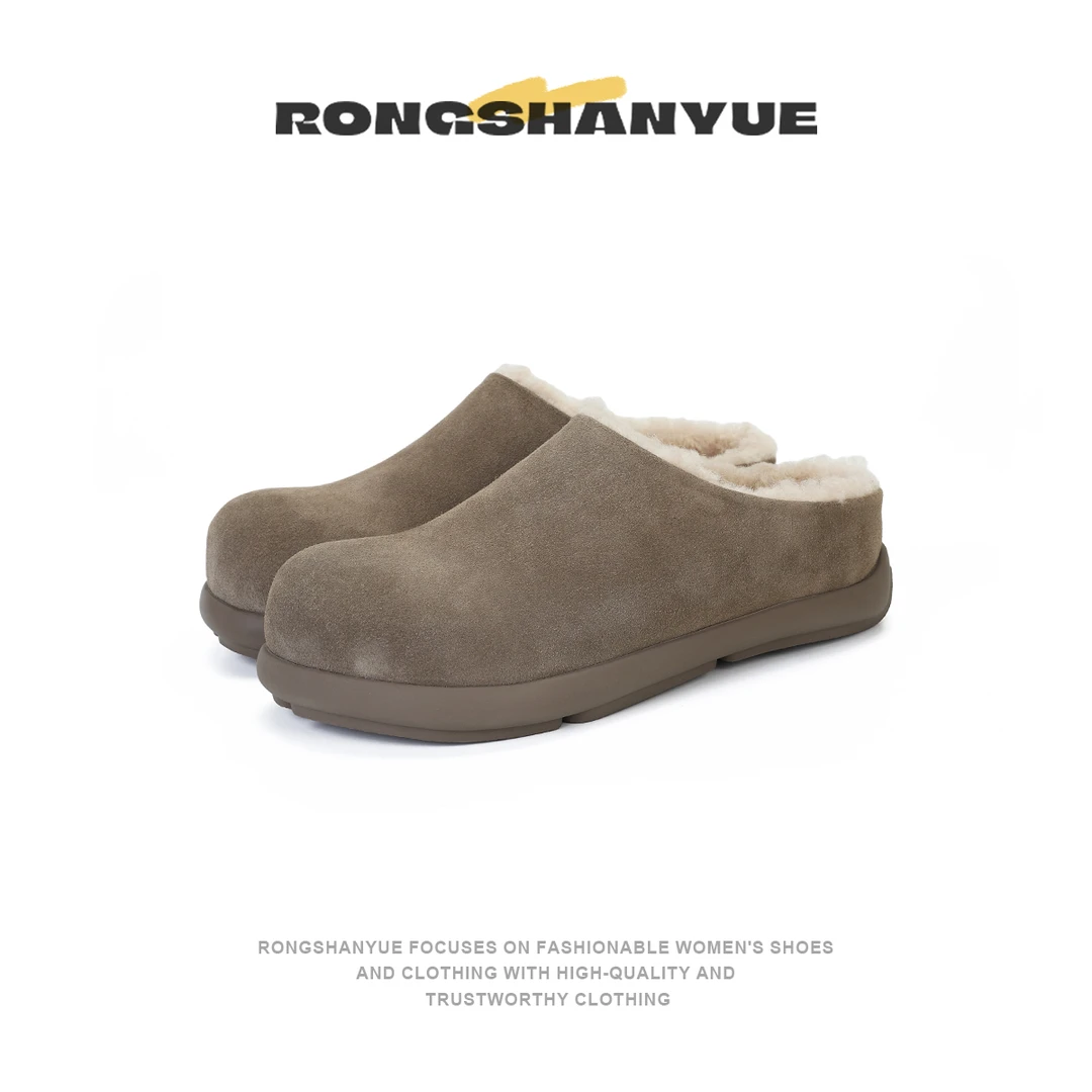 Rongshanyue高丝光牛反绒勃肯鞋秋冬保暖包头毛毛拖鞋女B1061