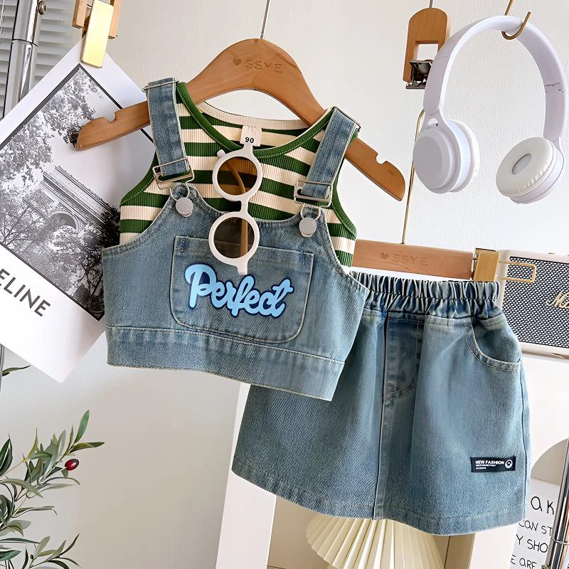 时尚洋气女童夏装牛仔套装新款宝宝夏季背心吊带半身裙三件套儿童