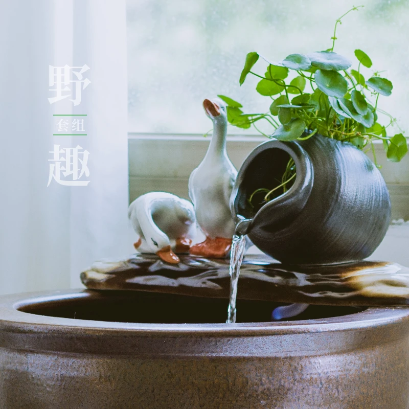 陶瓷古法鱼缸瓦罐沼泽流水循环过滤器套组可种绿植装饰田园风摆件