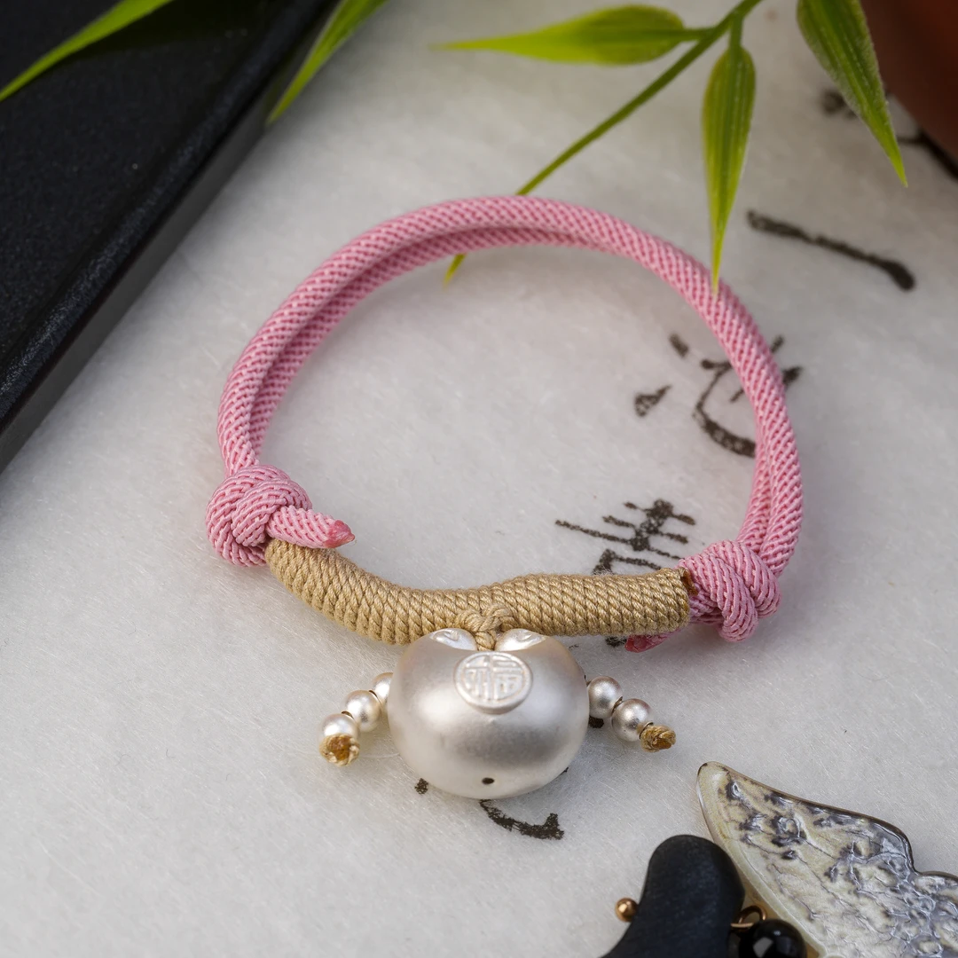 足银手链 足银小胖福吊坠平安锁项链古法小银坨新中式-5139