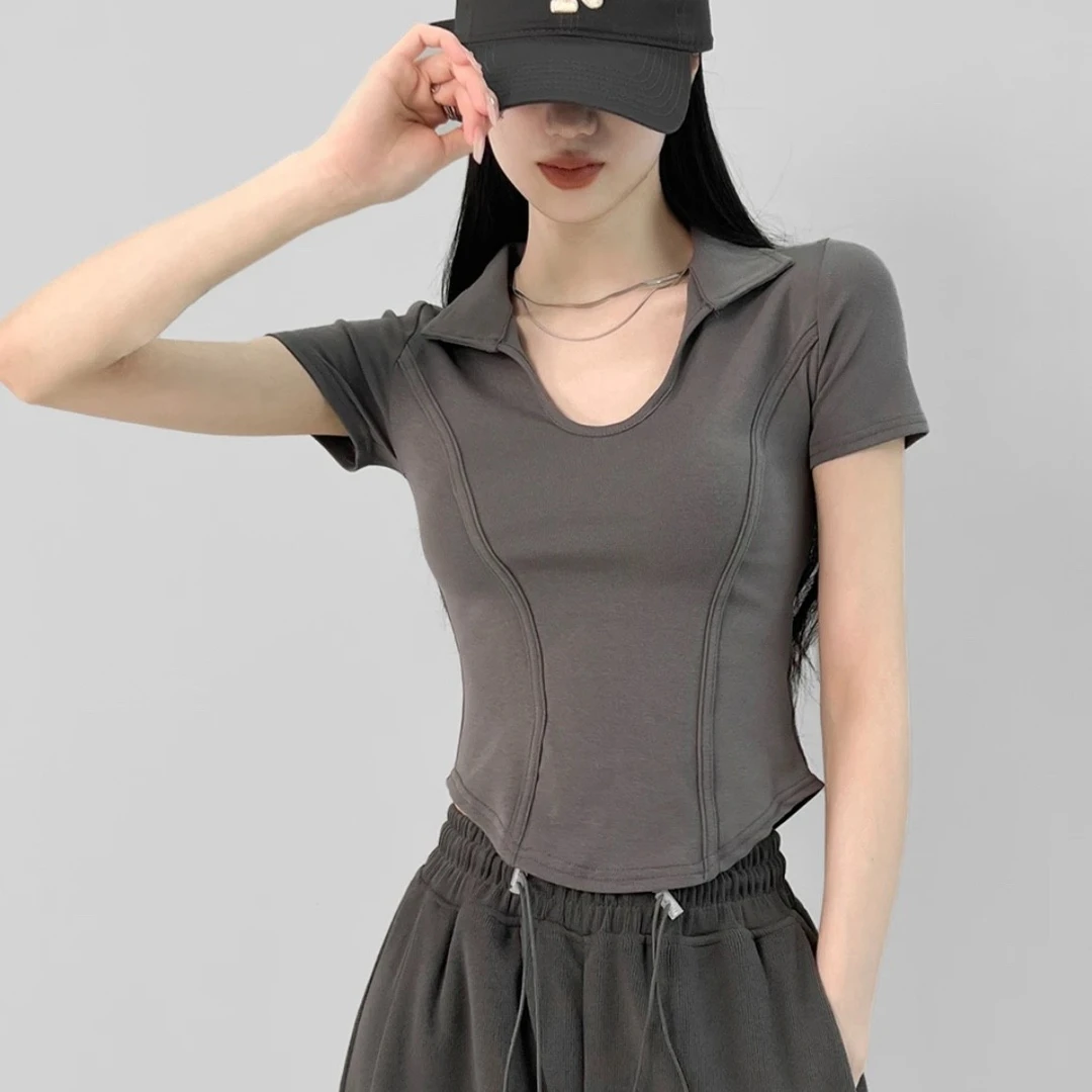 复古鱼骨紧身正肩短款t恤女夏季辣妹收腰显瘦小U领polo衫短上衣潮