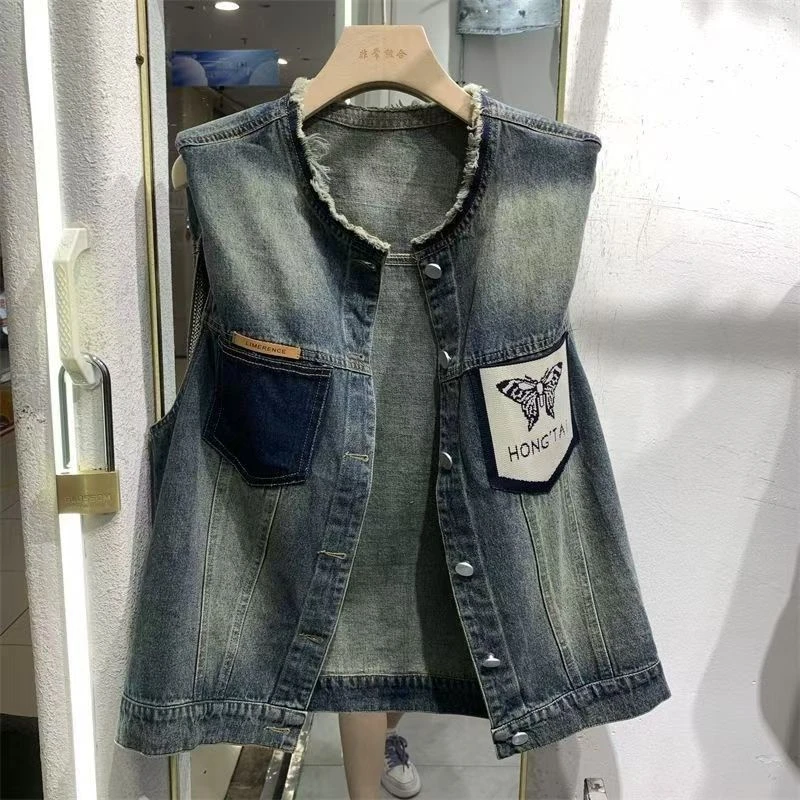 牛仔马甲女春秋新款复古大码宽松显瘦绣花无袖背心坎肩上衣外套潮