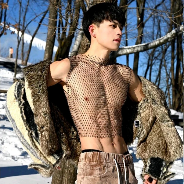 镂空网格闪钻T恤夜店性感水钻渔网无袖上衣蹦迪演出背心男士网红