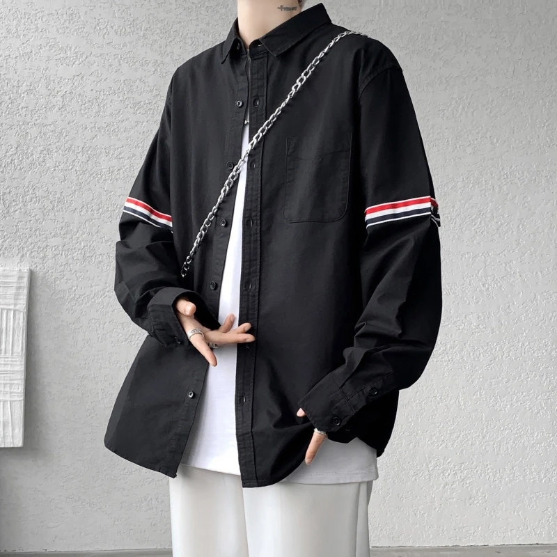 时尚长袖衬衫男秋季新款高级感痞帅潮宽松大码休闲青少年学生衬衣