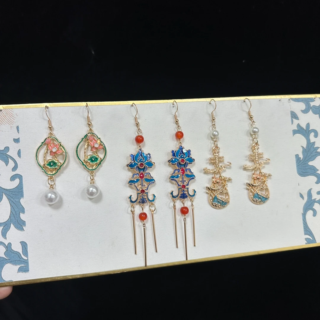 铁合金仿珍珠耳饰 古韵寻  滴油仿烧蓝耳环耳夹发簪古风汉服配饰