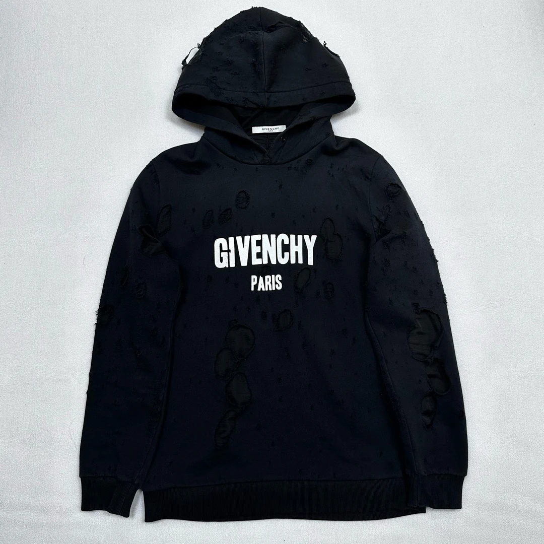 99新 Givenchy/纪梵希破洞做旧连帽卫衣 黑色/尺码M/编号5293