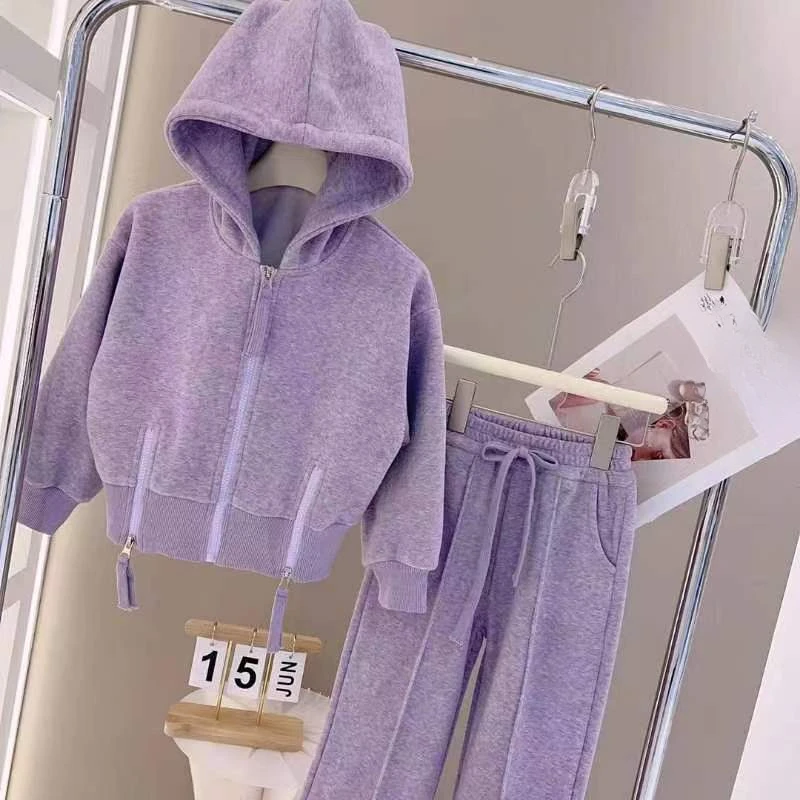 女童春装网红套装2025春季新款儿童休闲韩版纯色连帽时尚两件套潮