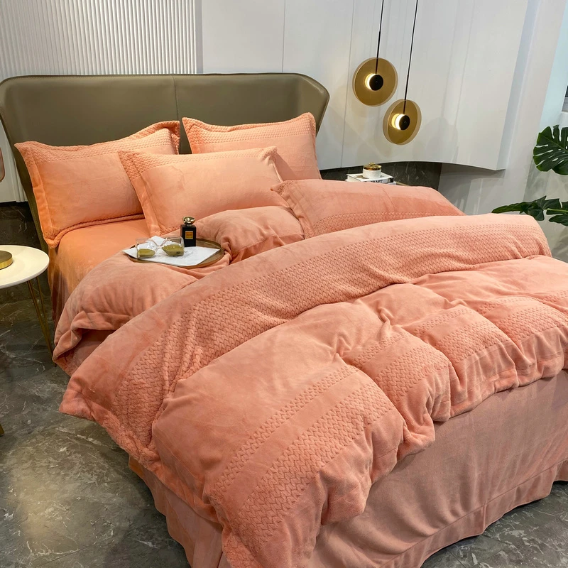 【A+】雕花高档牛奶绒四件套双面绒高端床品家纺床上用品加厚绒被套