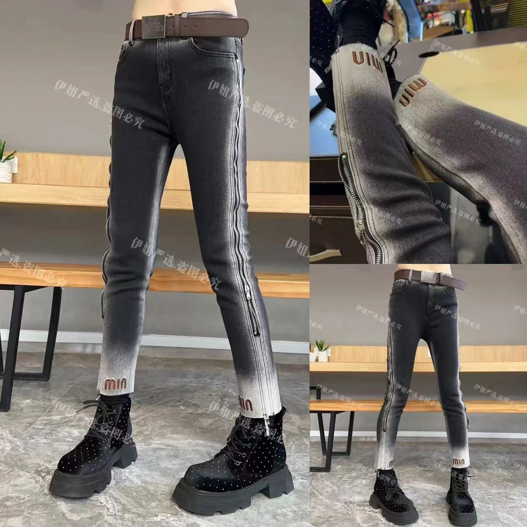 【YJ·高定】2024穿搭加厚刺绣弹力烟管裤百搭修身拉链牛仔裤女YJ811