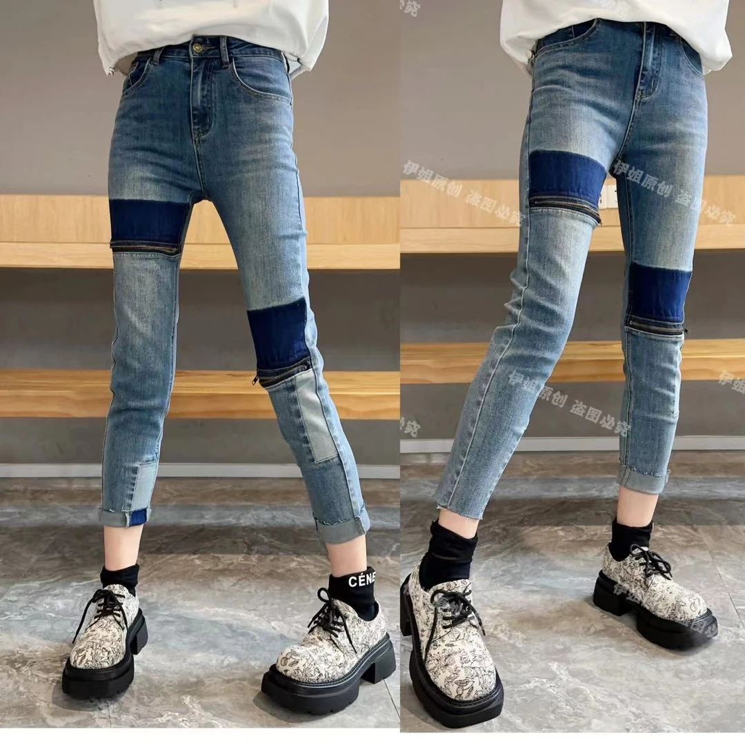 【YJ·高定】2024中高腰弹力撞色牛仔裤百搭显瘦八分烟管裤女  YK020