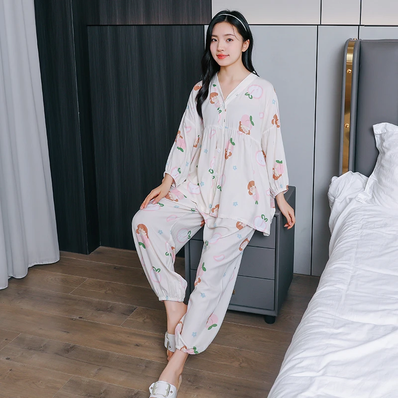 夏季女士薄款长袖成年人绵绸睡衣女大人家居服女孩空调服棉绸套装