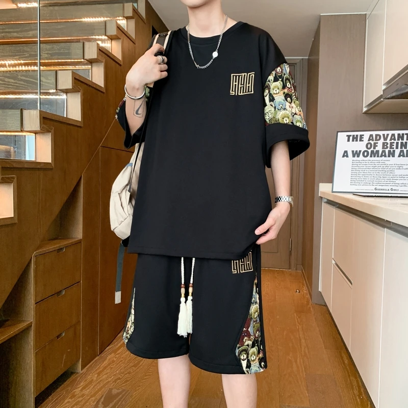 休闲套装男士夏季中国风薄款短袖短裤宽松大码t恤潮流运动两件套