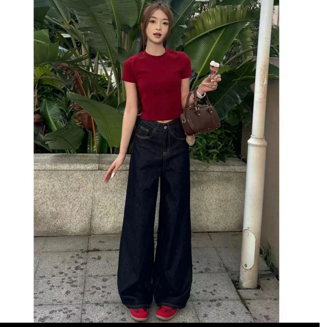 珍珍高个子/加长单里复古深蓝色牛仔裤女秋季高腰宽松阔腿拖地裤