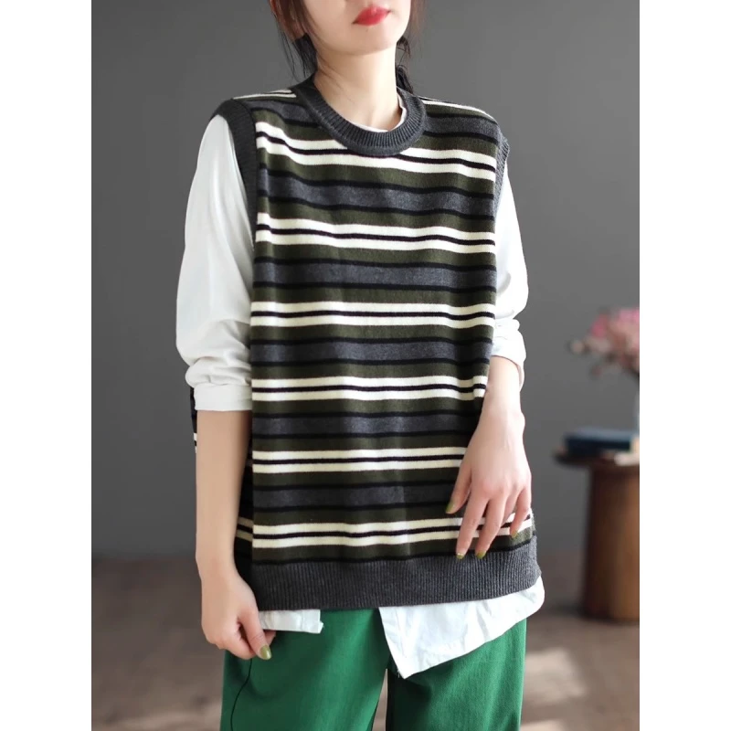 新款撞色条纹针织衫时尚显瘦百搭无袖套头圆领马甲女背心上衣拼色