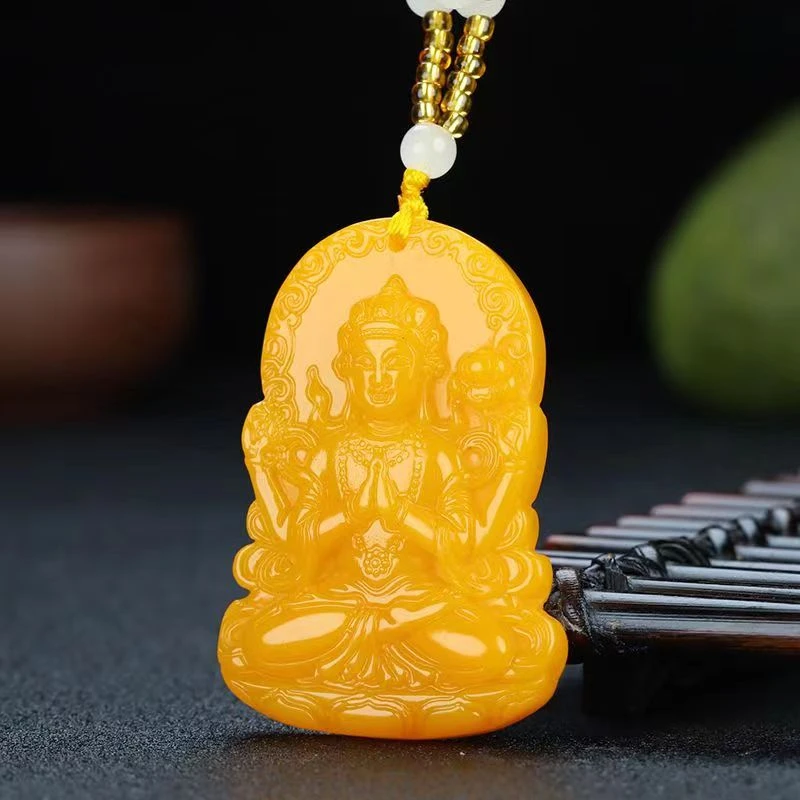男士黄色观音吊坠天然鸡油黄精美手工造千手观音四壁观音白色吊坠