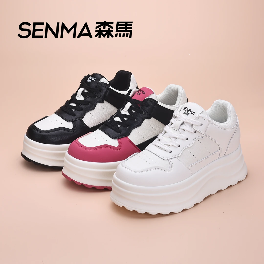 SENMA/森马秋冬真皮时尚舒适系带潮流厚底厚底6CM百搭小白鞋加绒