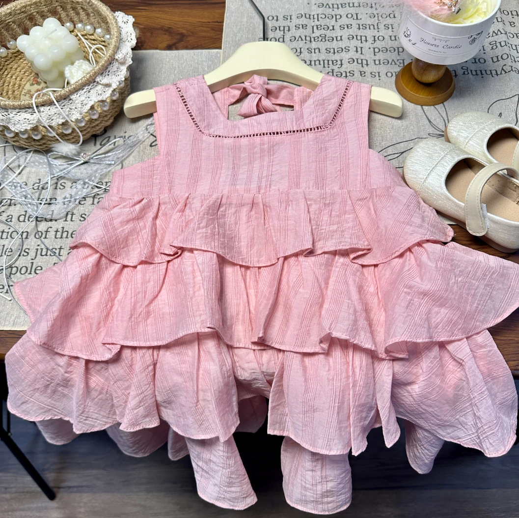 夏季女童新款梦幻蛋糕裙洋气甜美百褶拼接荷叶边紫色无袖夏季裙子