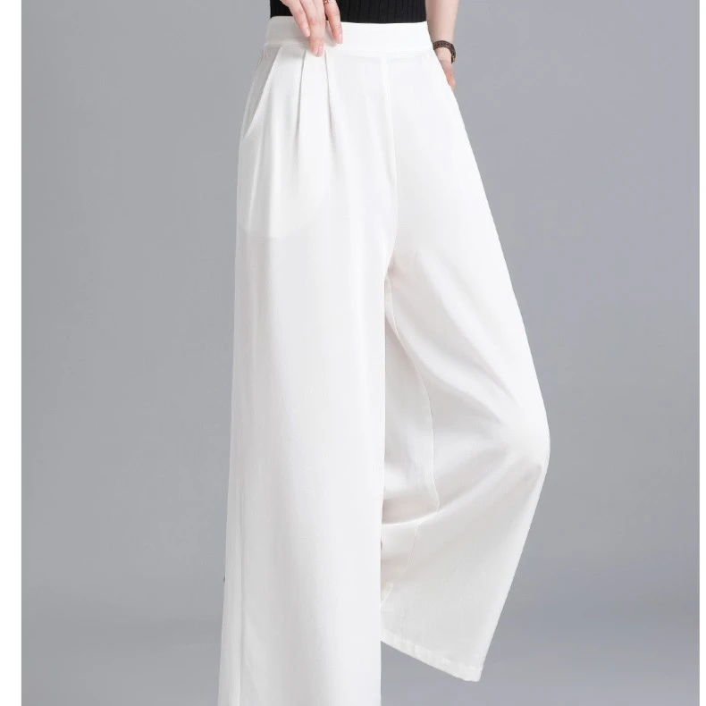 桑蚕丝阔腿裤夏季真丝中老年垂坠感高端裤子薄款宽松透气白色