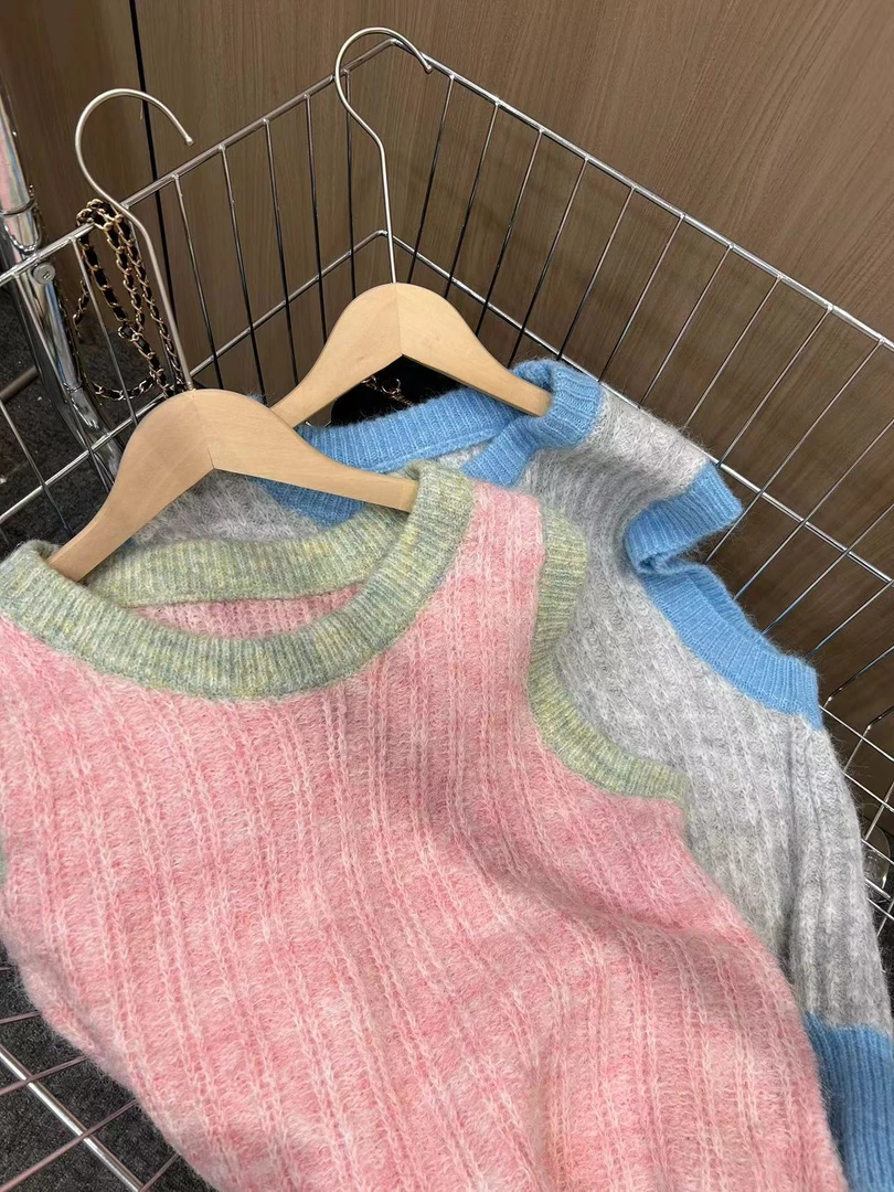 拼色毛茸茸针织马甲女春秋冬宽松叠穿毛衣背心休闲马夹坎肩女
