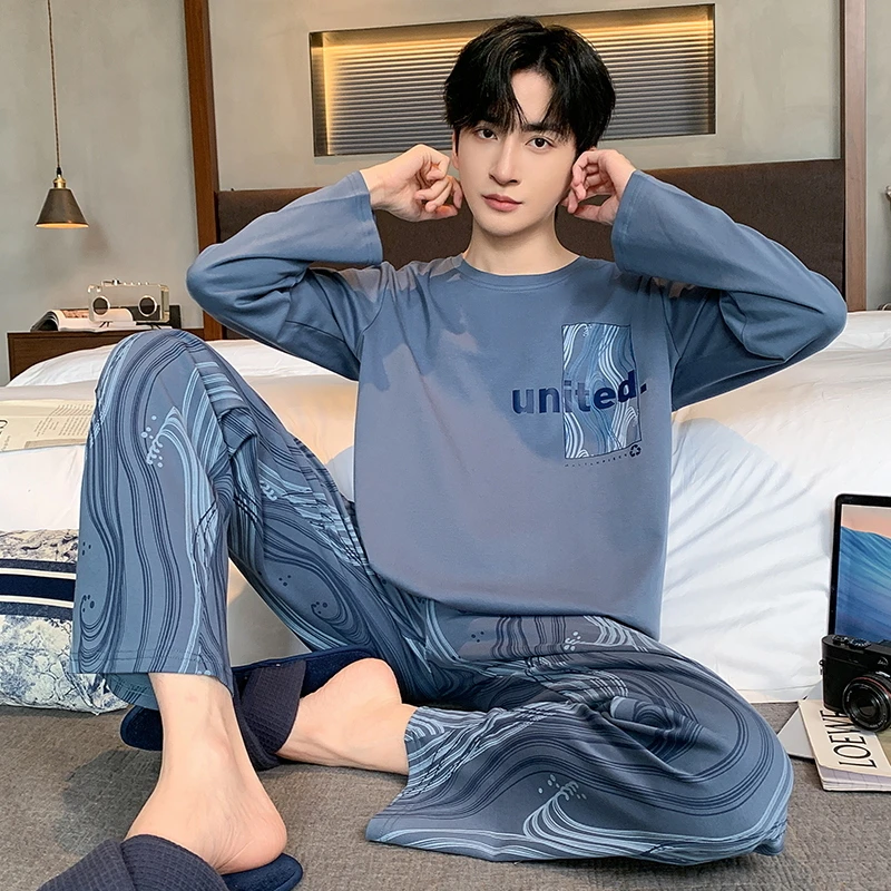 秋冬新款睡衣男士套头长袖长裤简约舒适休闲家居服套装