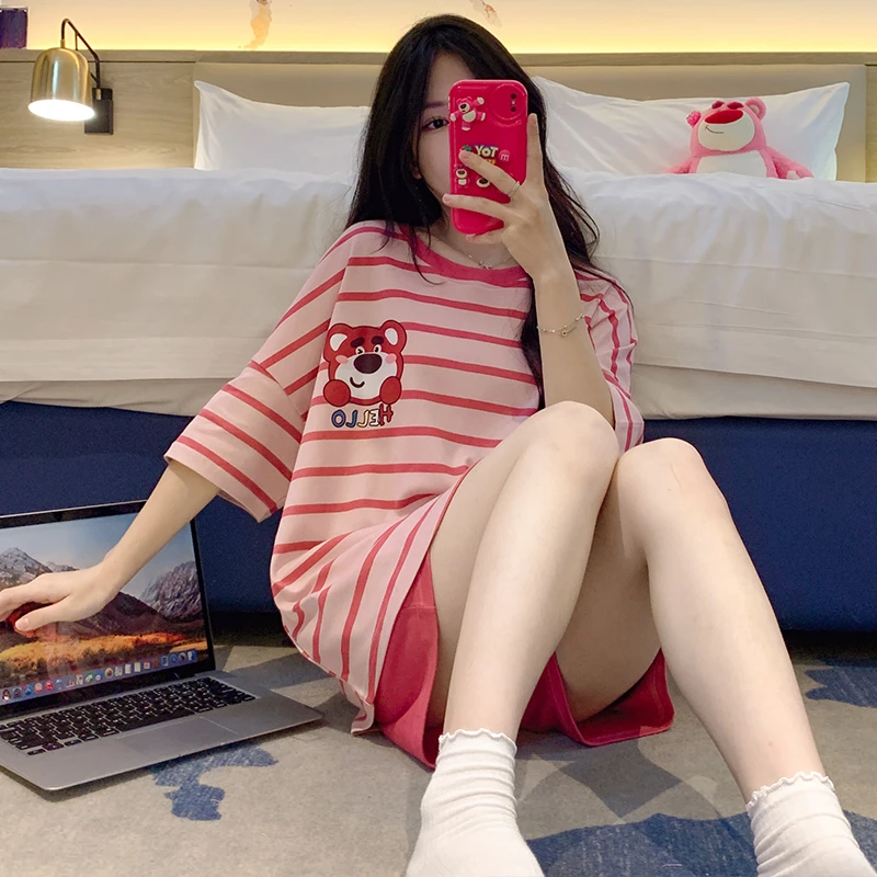 25年夏季新款薄款短袖睡衣女草莓熊休闲条纹简约家居服套装60046