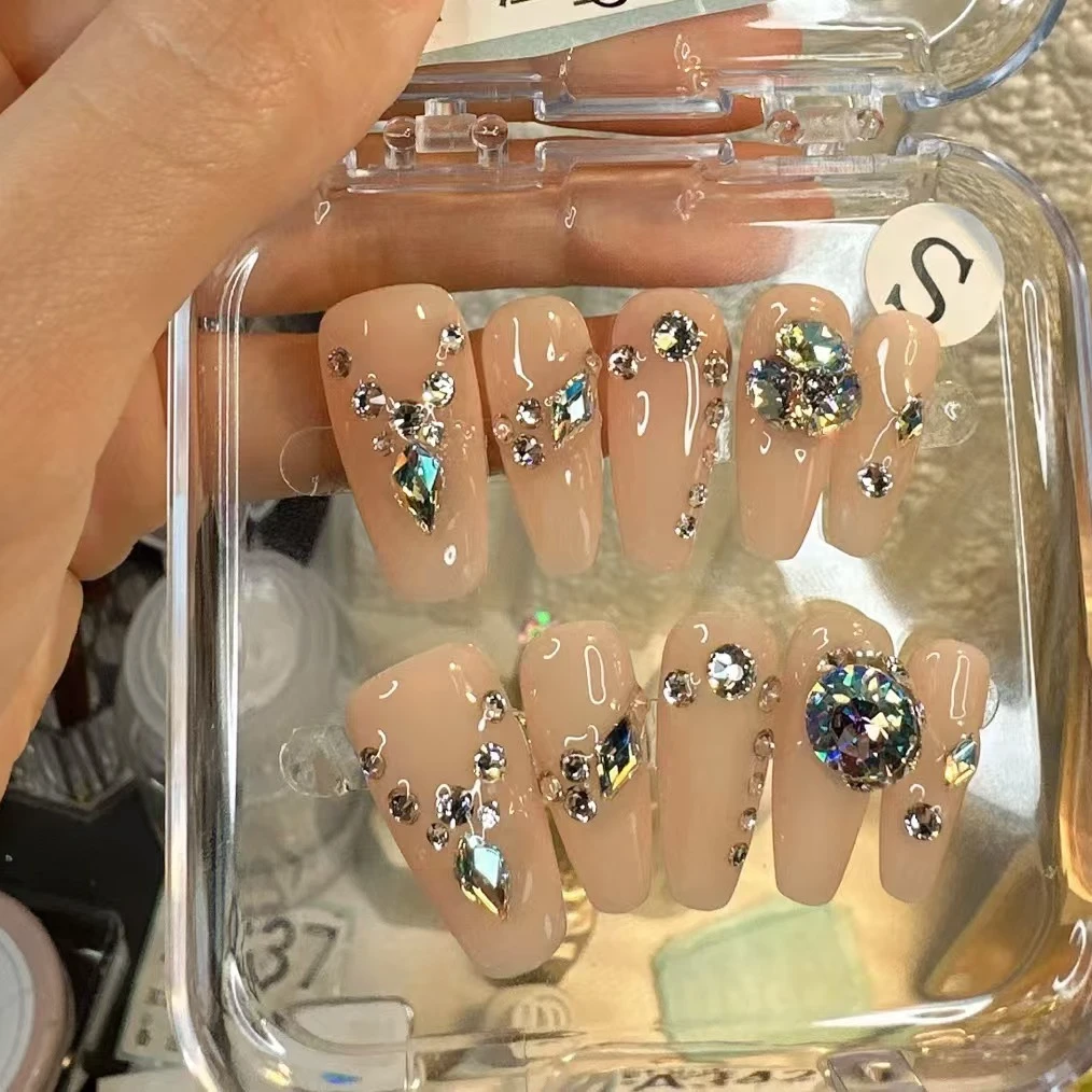 正品施华洛穿戴甲高定华子贴钻美甲裸色简约款式