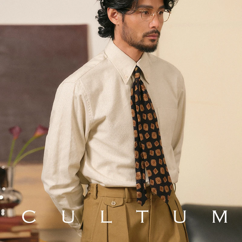【柔软舒适】CULTUM纯棉格纹纽扣领长袖衬衫男休闲复古IVY风衬衣