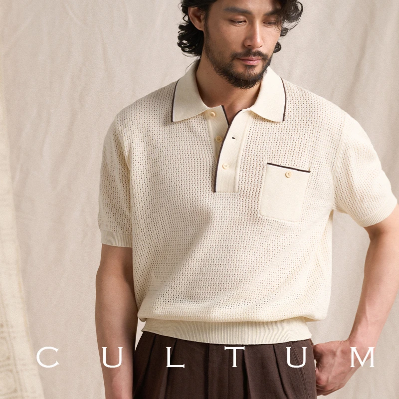 【柔软全棉 透气舒适】CULTUM复古镂空针织短袖POLO衫男休闲半袖