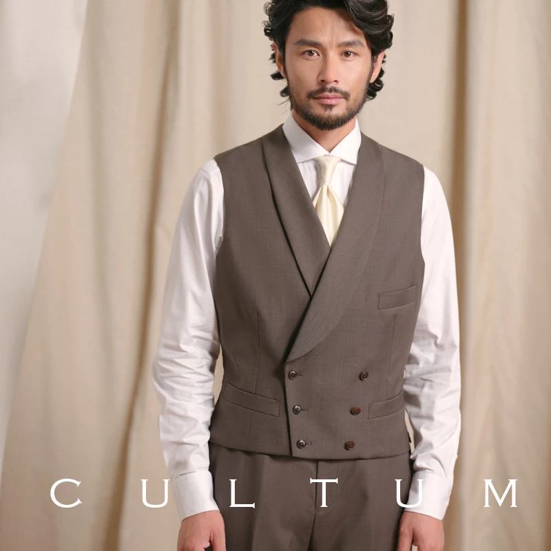 【澳洲羊毛 免熨烫】CULTUM亲王格青果领双排扣结婚新郎西装马甲