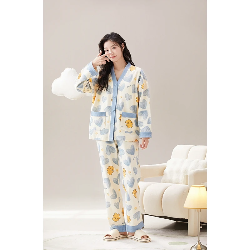 MJL睡衣女秋冬季翻领长袖韩版两件套外穿长裤带胸垫保暖家居服女