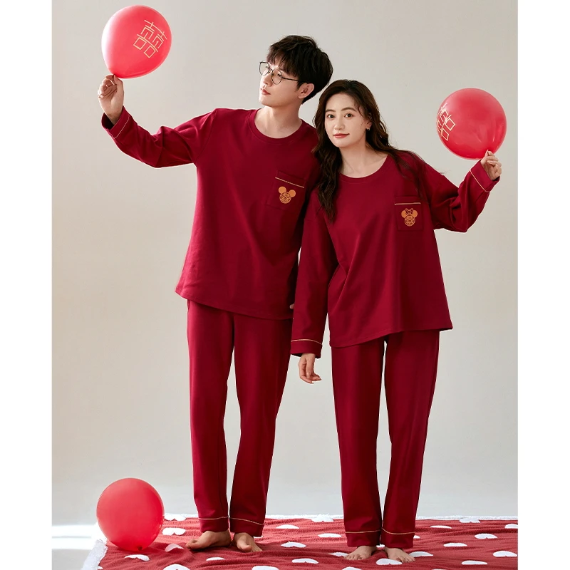 长袖家居服套装男士红色秋季大码喜庆情侣休闲睡衣