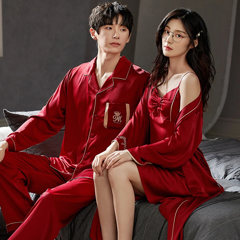 思馨坊结婚睡衣新婚情侣红色冰丝绸女士晨袍春秋款本命年套装男