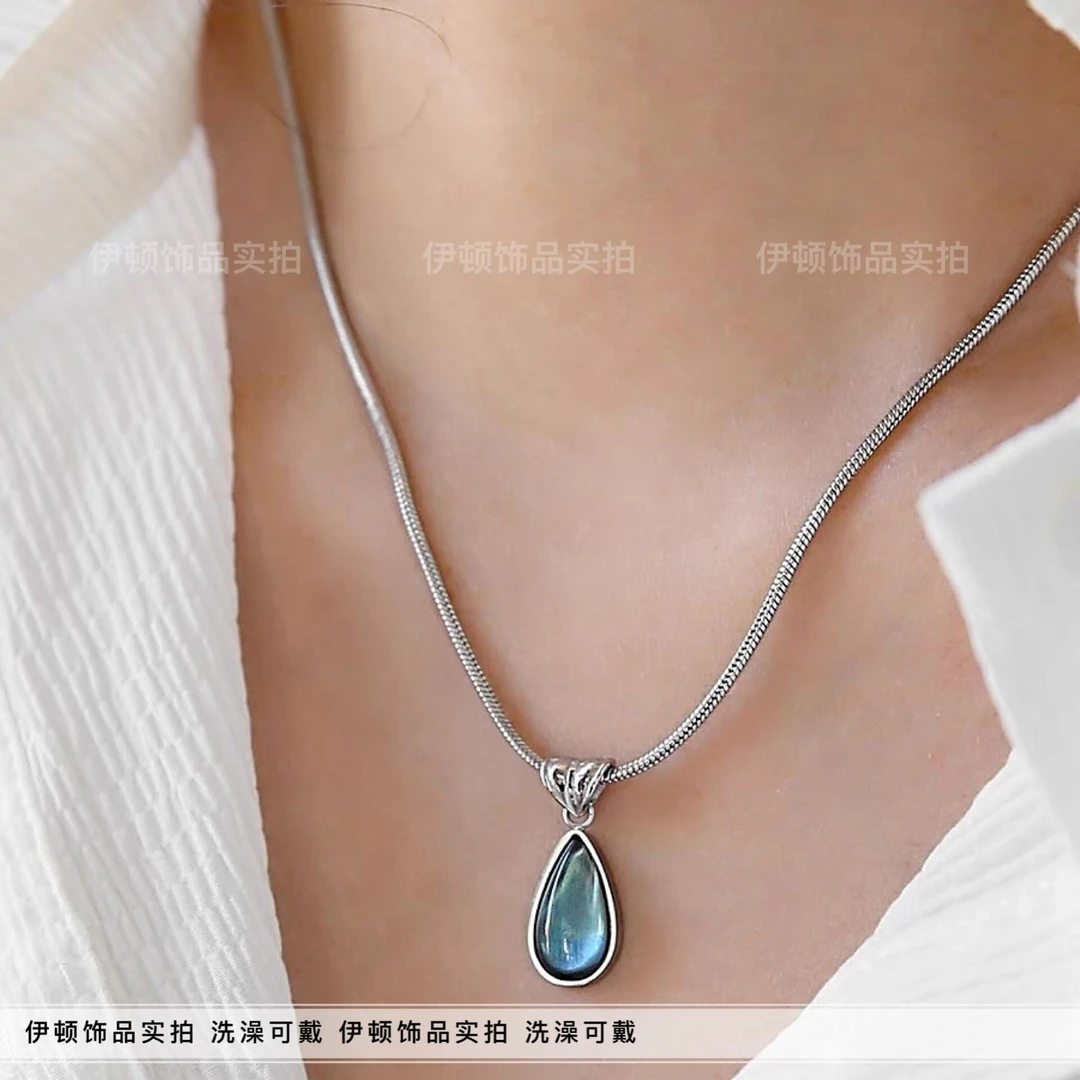 钛钢项链 【洗澡不用摘】小众法式人鱼泪复古绿海水蓝水滴形锁骨链