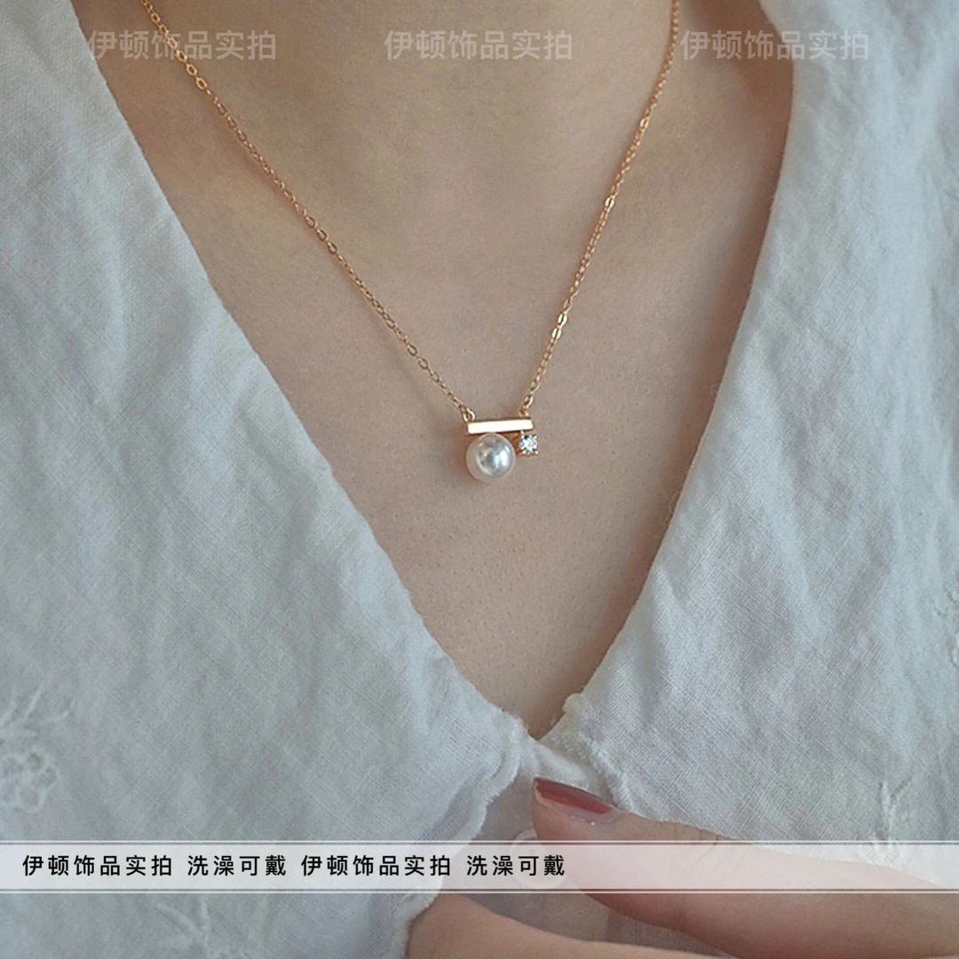 钛钢项链 【洗澡不用摘】珠珠闪闪锆石平衡木吊坠项链 锁骨链气质