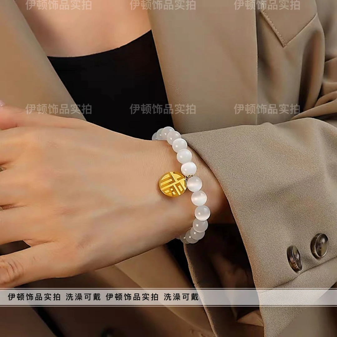 钛钢手链 【洗澡不用摘】钛钢福牌蓝色珠珠手串 手链手工气质饰品